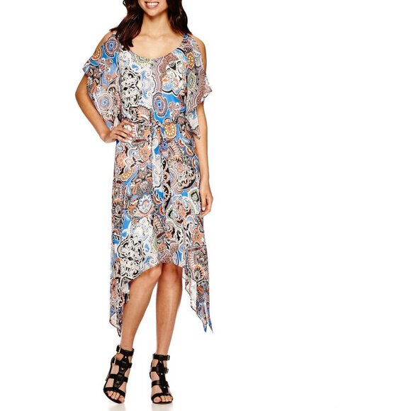 Size 20W‎ 2X NEW BOHEMIAN PRINT ASYMMETRICAL CHIFFON DRESS W/TIE Cold Shoulder - Picture 1 of 7